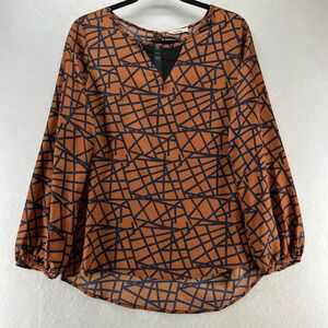 Caramela Blouse Sz L Geometric Crepe Round Neck Long Sleeve Back Keyhole Brown